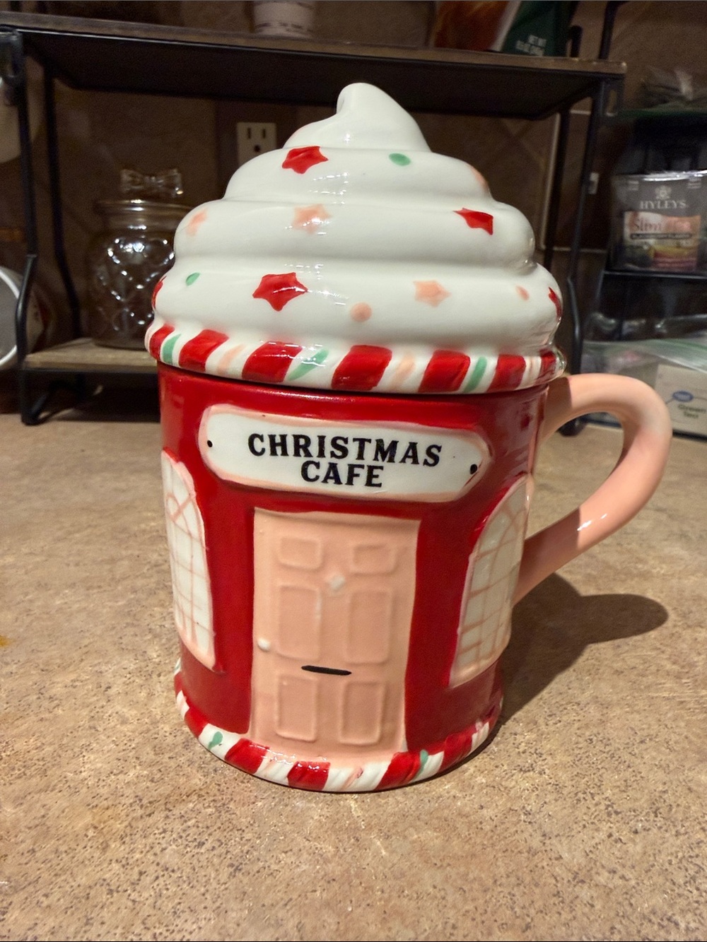 Christmas Cafe Holiday Ceramic Mug with Lid - Red & White